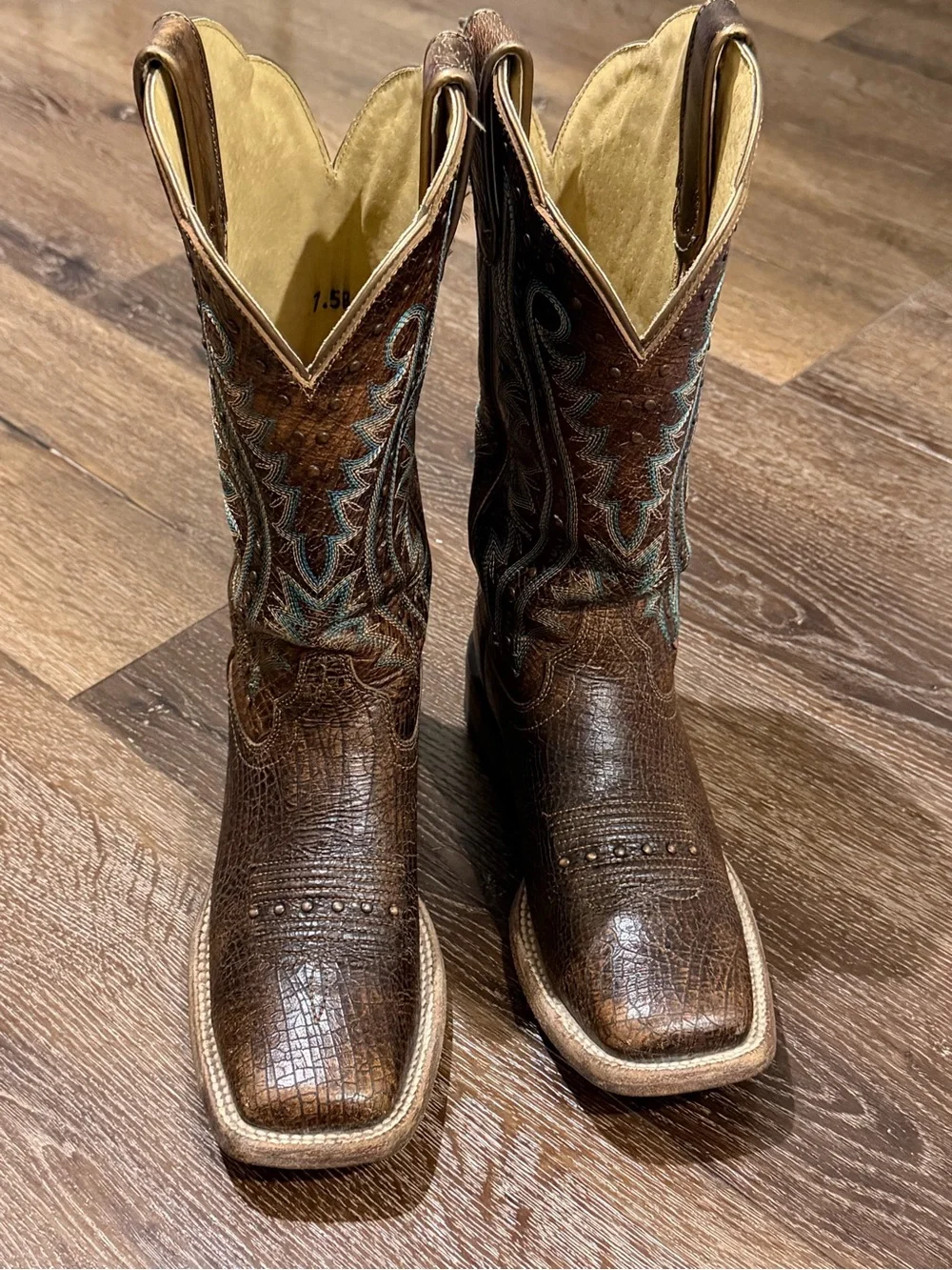 Ariat Brown montage crackle Western Cowboy Boots Turquoise Stitching size 7.5
